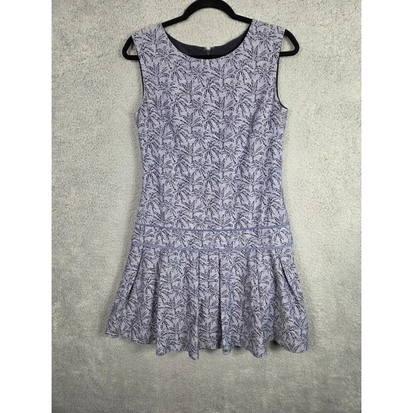 J Crew Drop Waist Dress Cotton Linen Blue Women 2 Ditsy Palm Tree Office Siren - Picture 1 of 10